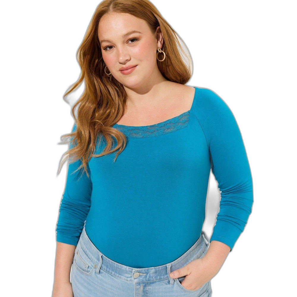 Torrid NWT Super Soft Lace Inset Long Sleeve Top Plus Size 4/26 Turkish Tile Blu